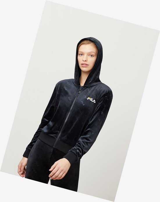 Fila Cipriana Embossed Velour Hoodie Blk/Wht | 475918-VZF